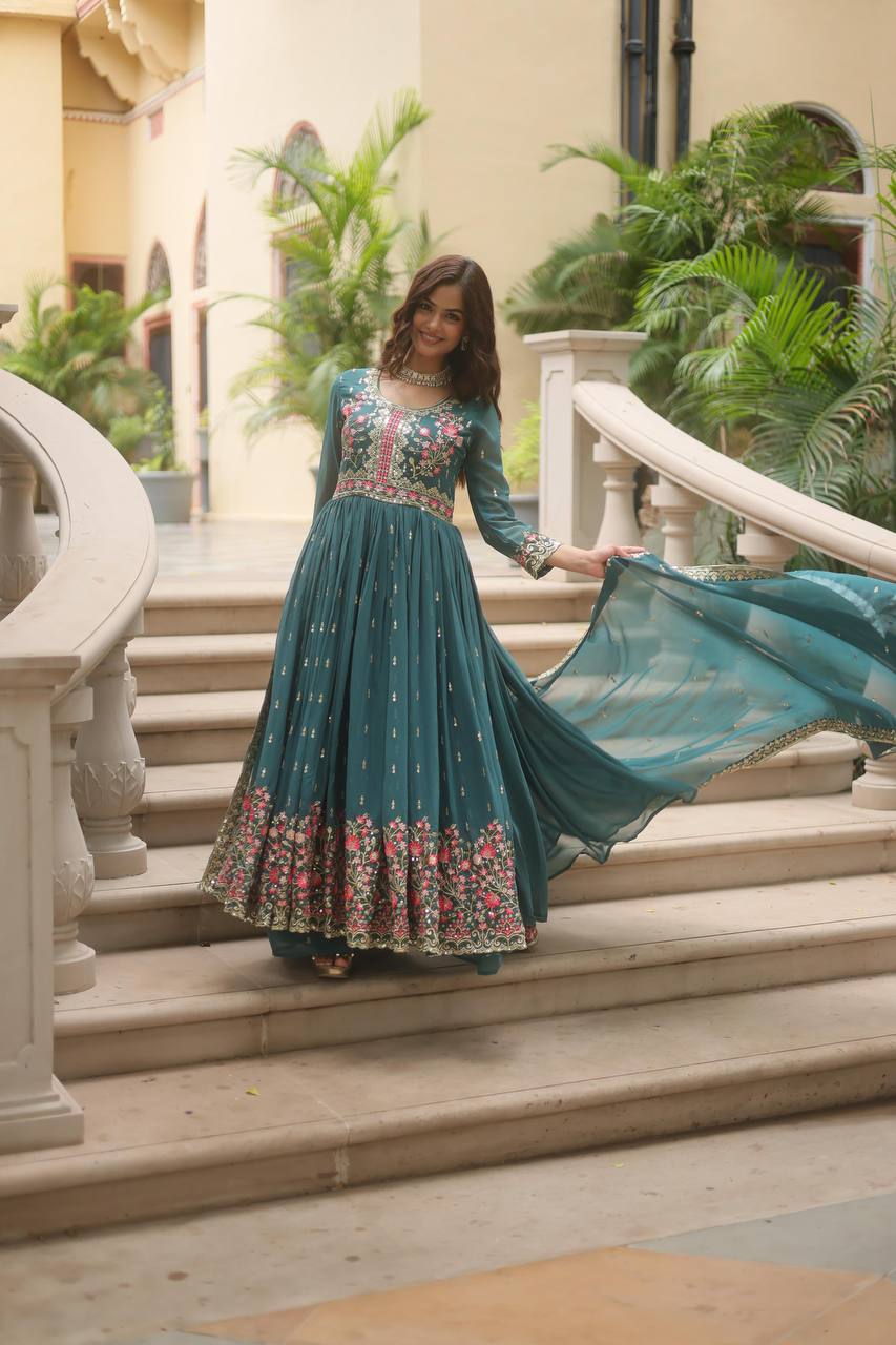 Breathtaking Faux Georgette Rich Sequins Embroidered Top Sharara Suit - Ethnicwish