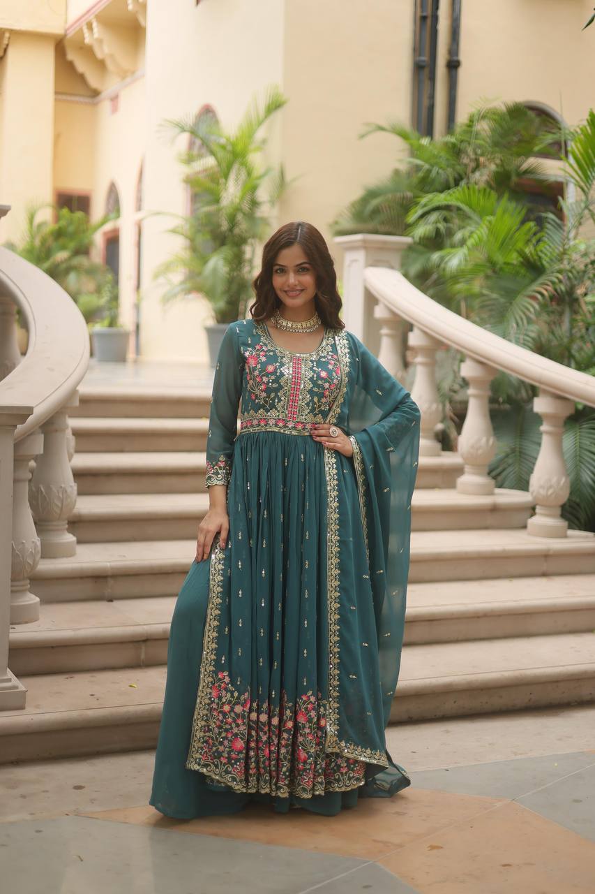 Breathtaking Faux Georgette Rich Sequins Embroidered Top Sharara Suit - Ethnicwish