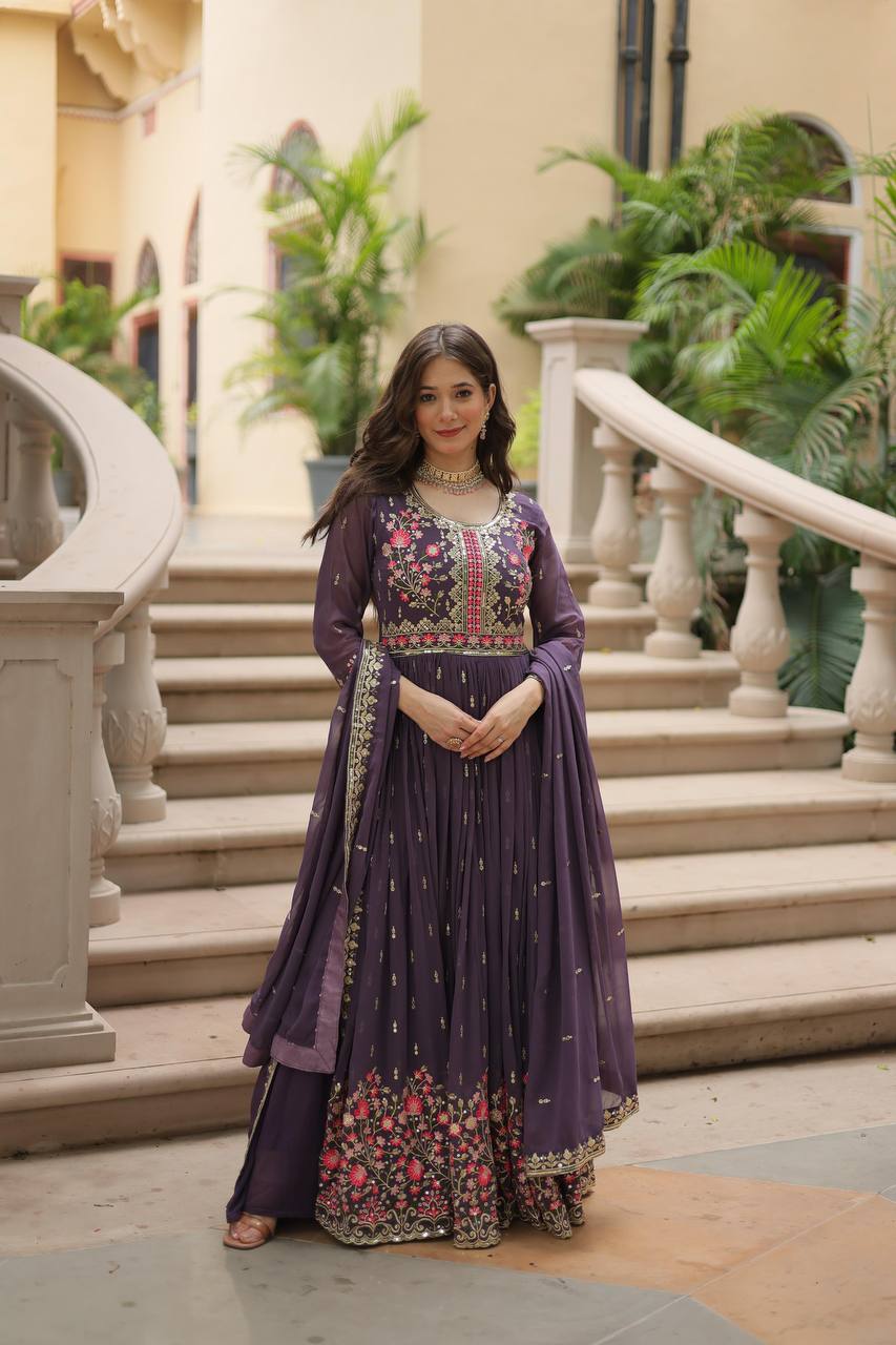 Breathtaking Faux Georgette Rich Sequins Embroidered Top Sharara Suit - Ethnicwish
