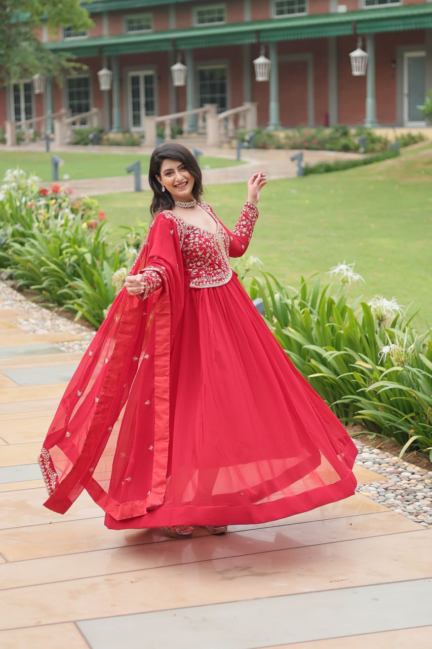 Radiant Faux Georgette Intricate Sequins Embroidered Gown With Dupatta - Ethnicwish