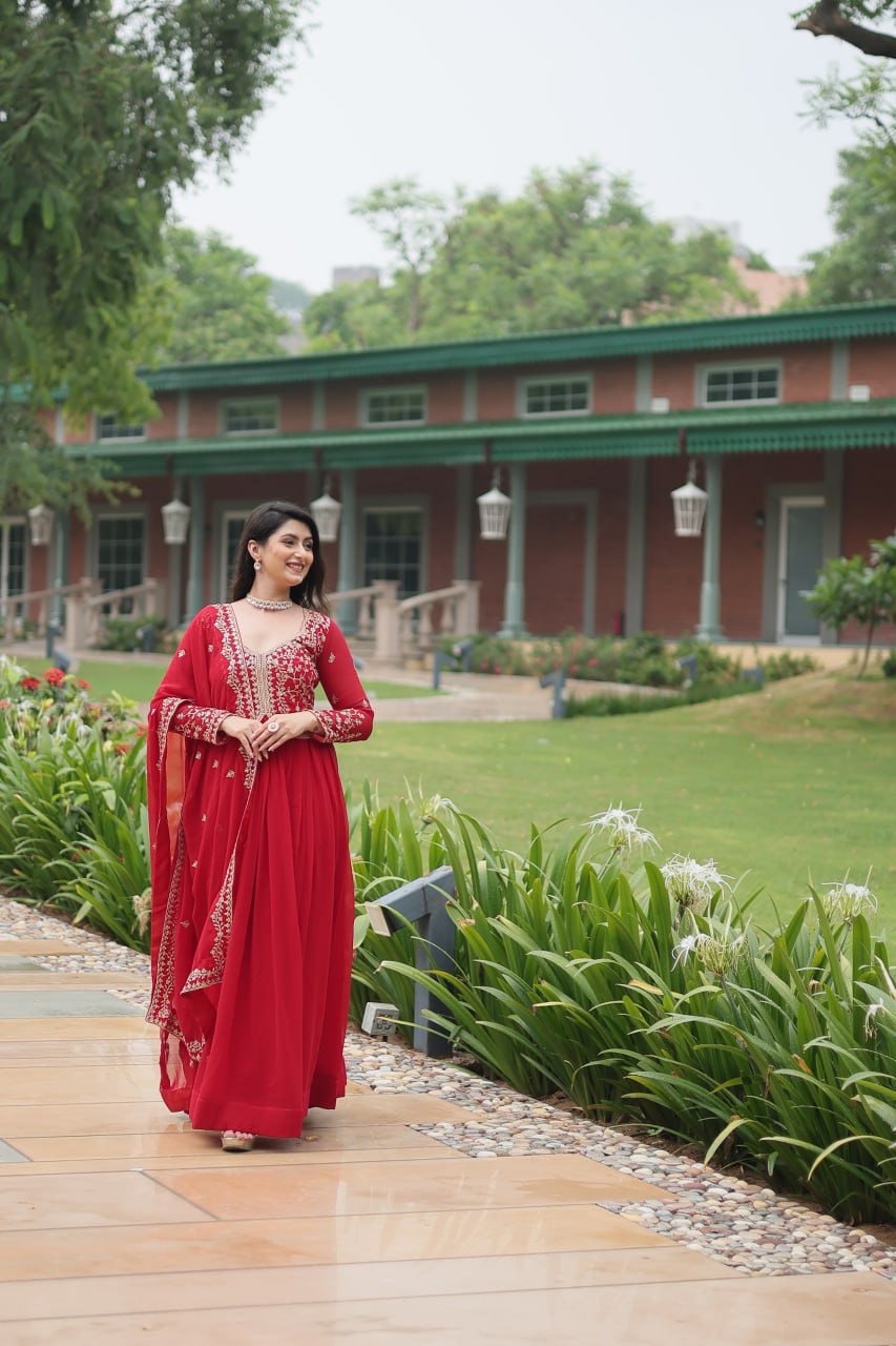 Radiant Faux Georgette Intricate Sequins Embroidered Gown With Dupatta - Ethnicwish