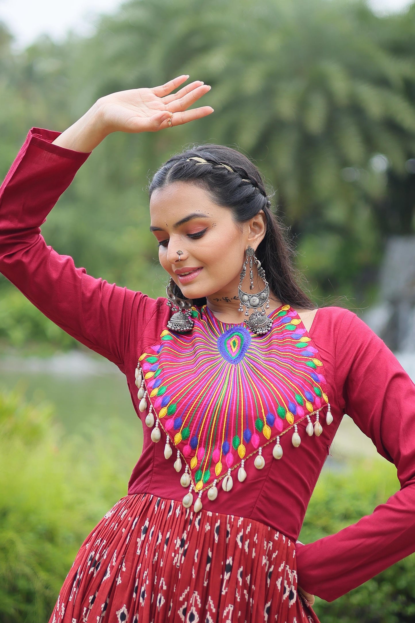 Maroon Cotton Printed Gown with Kutchi Gamthi Work & Kodi Lace – 12 Meter Flair