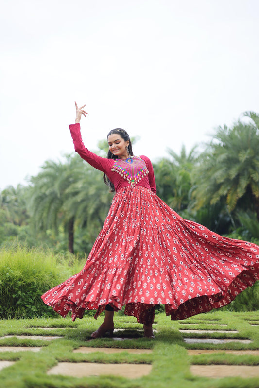 Maroon Cotton Printed Gown with Kutchi Gamthi Work & Kodi Lace – 12 Meter Flair