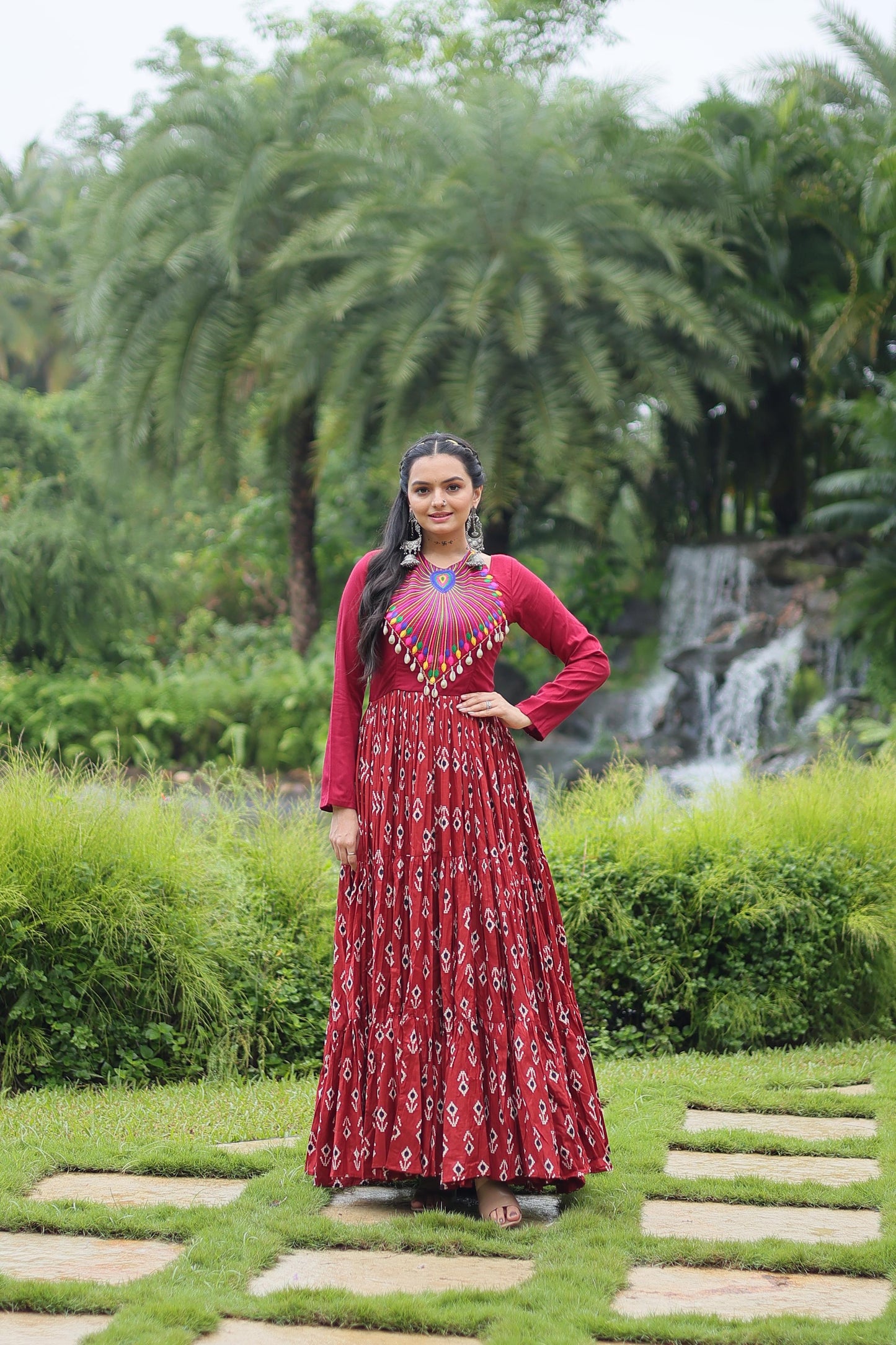 Maroon Cotton Printed Gown with Kutchi Gamthi Work & Kodi Lace – 12 Meter Flair