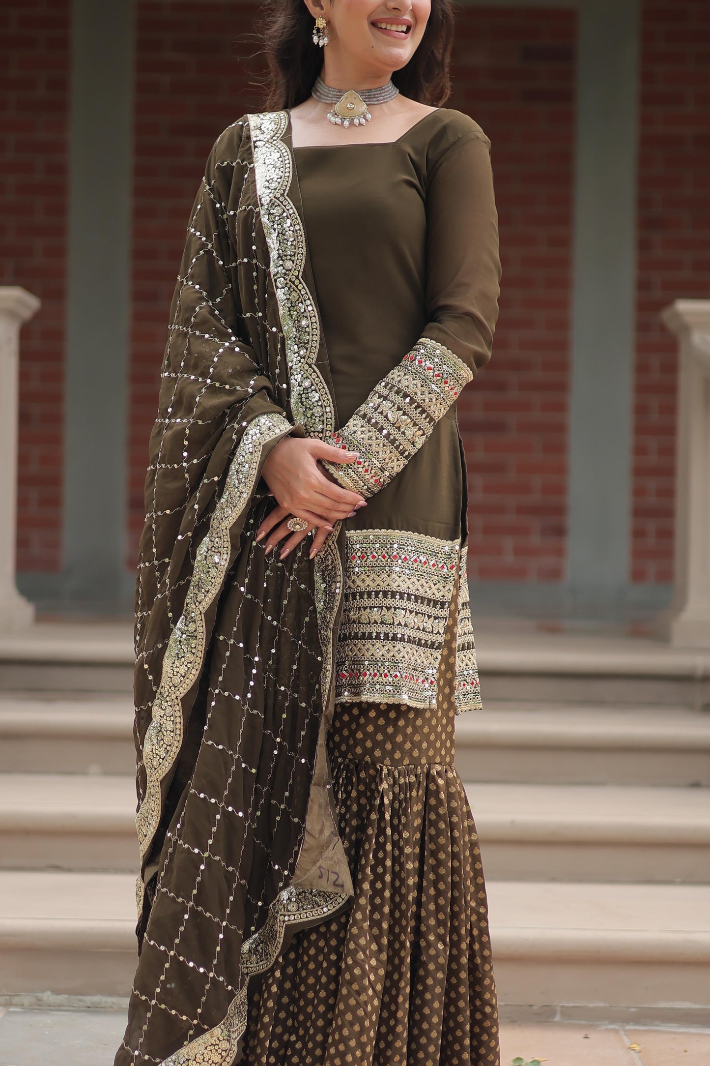 Dashing Faux Georgette Sequins Thread Worked Top Sharara Suit - Ethnicwish