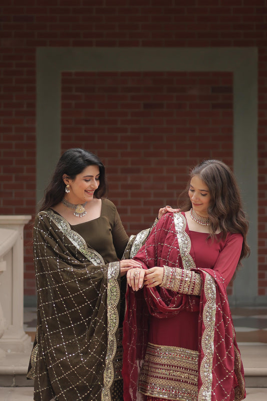 Dashing Faux Georgette Sequins Thread Worked Top Sharara Suit - Ethnicwish