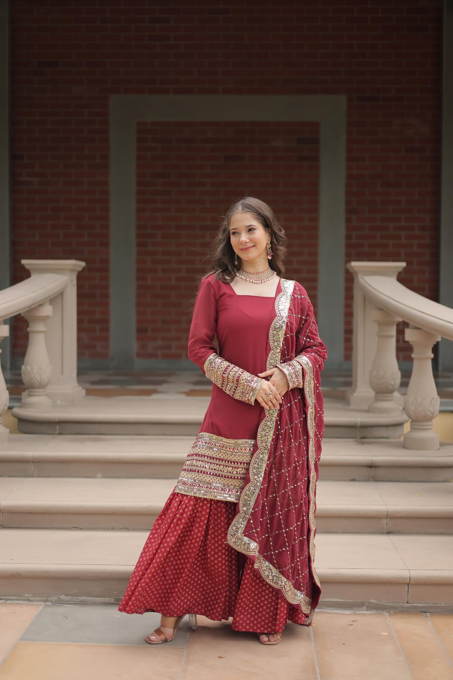 Dashing Faux Georgette Sequins Thread Worked Top Sharara Suit - Ethnicwish