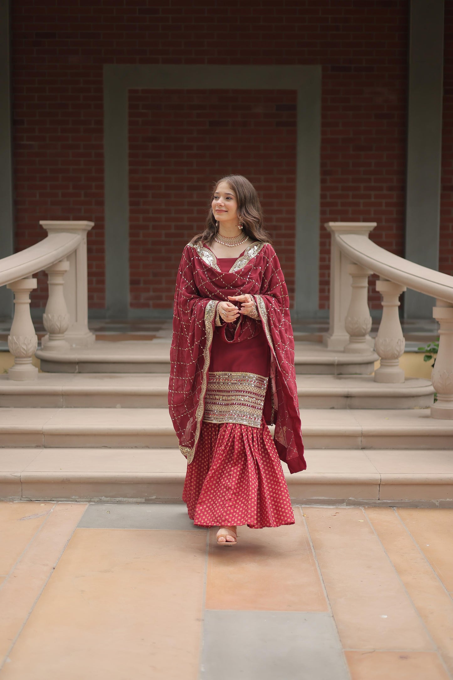 Dashing Faux Georgette Sequins Thread Worked Top Sharara Suit - Ethnicwish