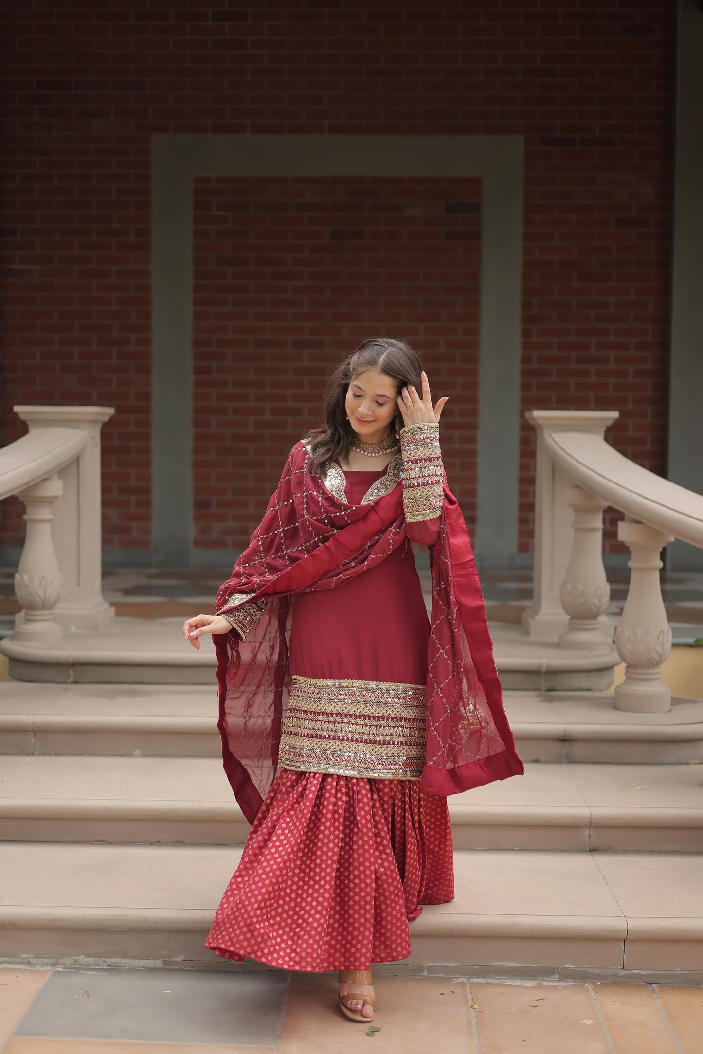 Dashing Faux Georgette Sequins Thread Worked Top Sharara Suit - Ethnicwish