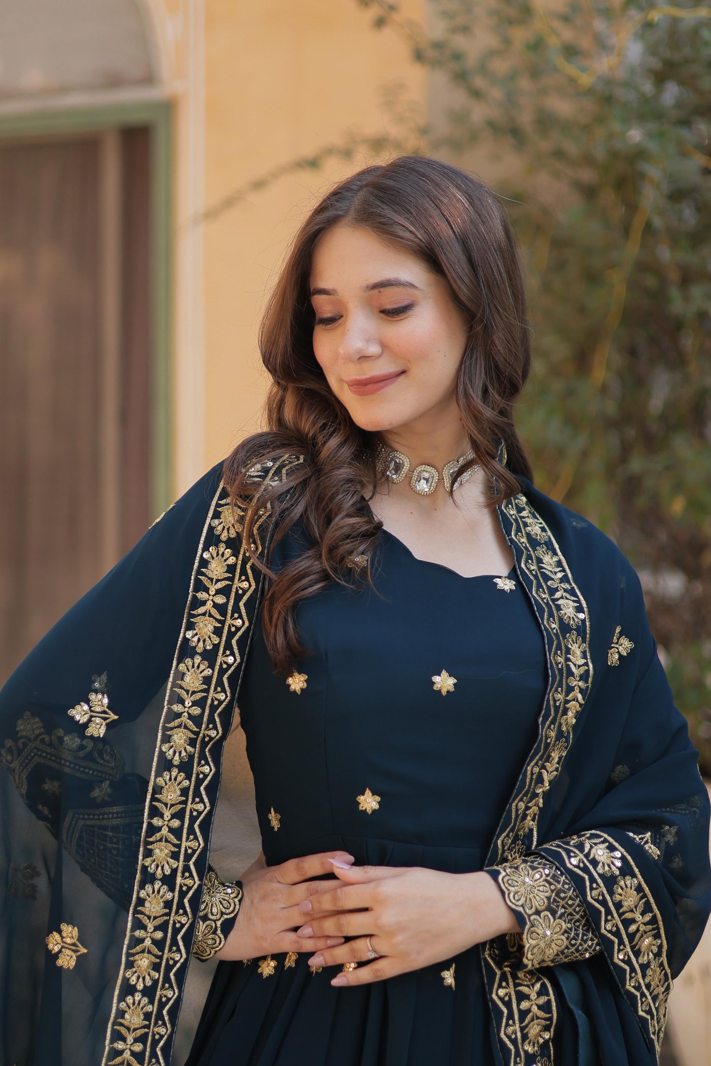 Breathtaking Faux Georgette Zari Sequins Embroidered Gown With Dupatta - Ethnicwish