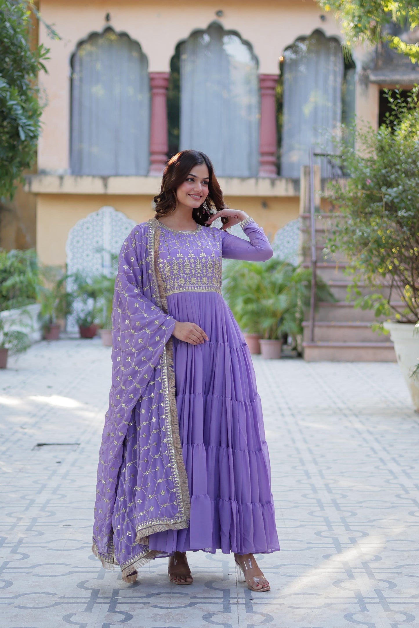 Spellbinding Georgette Ruffle Sequins Embroidered Gown With Dupatta - Ethnicwish