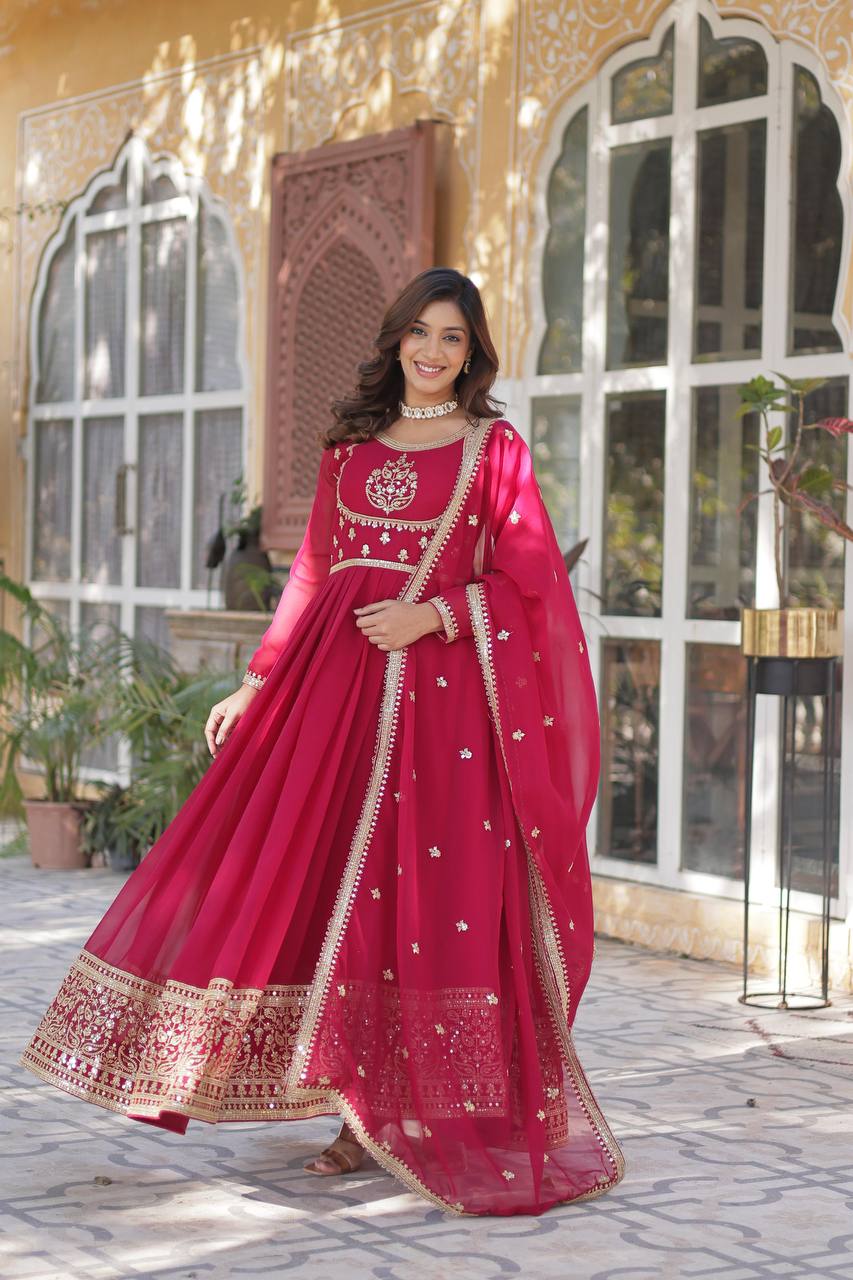 Radiant Faux Georgette Sequins Embroidered Gown With Dupatta - Ethnicwish