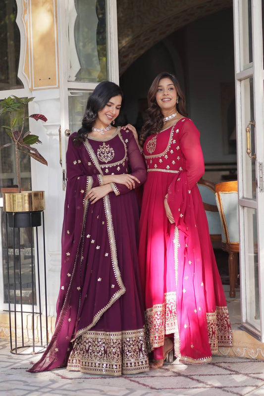 Radiant Faux Georgette Sequins Embroidered Gown With Dupatta - Ethnicwish