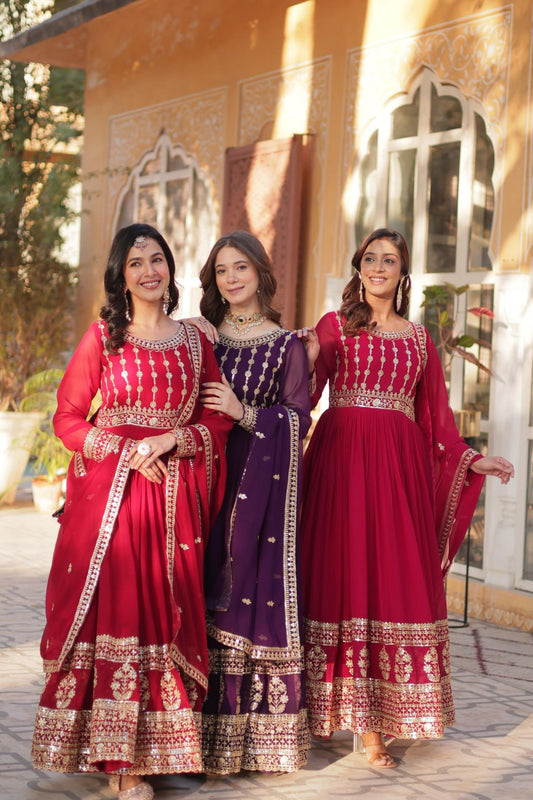 Mesmerizing Faux Georgette Embroidered Zari Sequins Gown Set - Ethnicwish