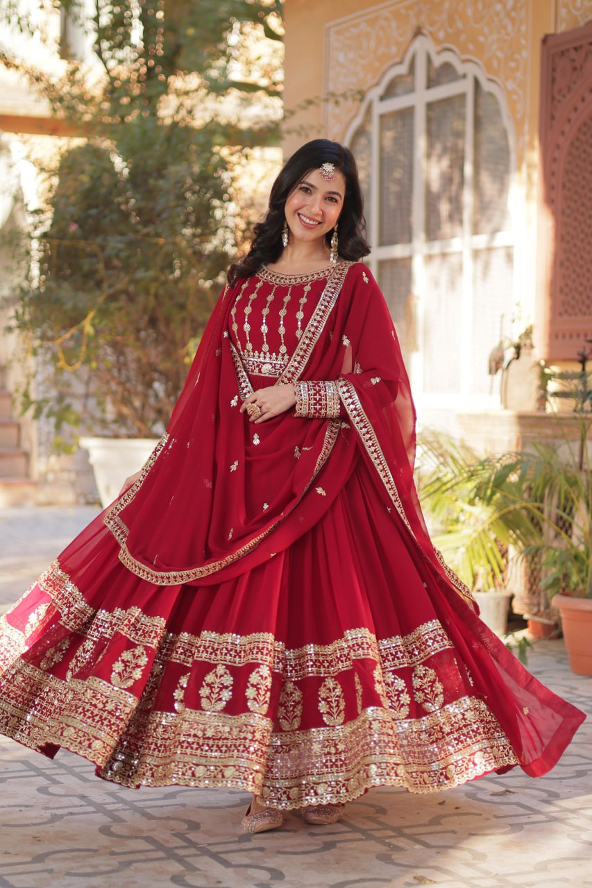 Mesmerizing Faux Georgette Embroidered Zari Sequins Gown Set - Ethnicwish