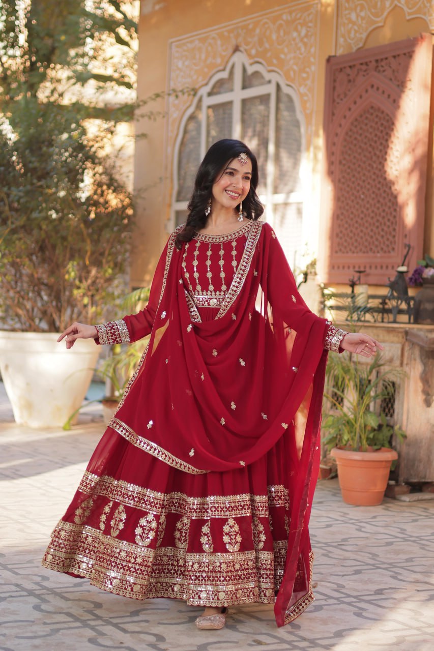 Mesmerizing Faux Georgette Embroidered Zari Sequins Gown Set - Ethnicwish