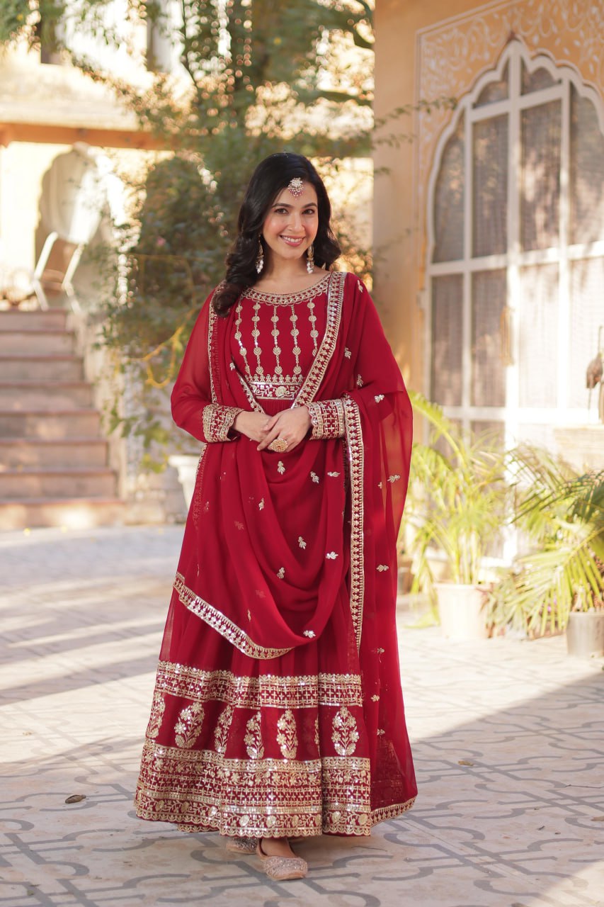 Mesmerizing Faux Georgette Embroidered Zari Sequins Gown Set - Ethnicwish