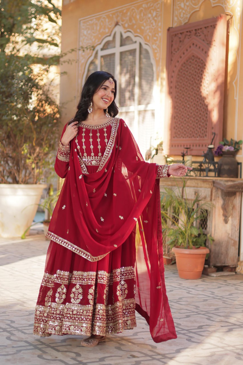 Mesmerizing Faux Georgette Embroidered Zari Sequins Gown Set - Ethnicwish
