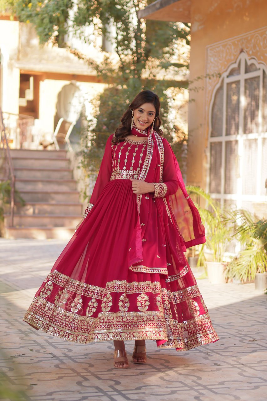 Mesmerizing Faux Georgette Embroidered Zari Sequins Gown Set - Ethnicwish