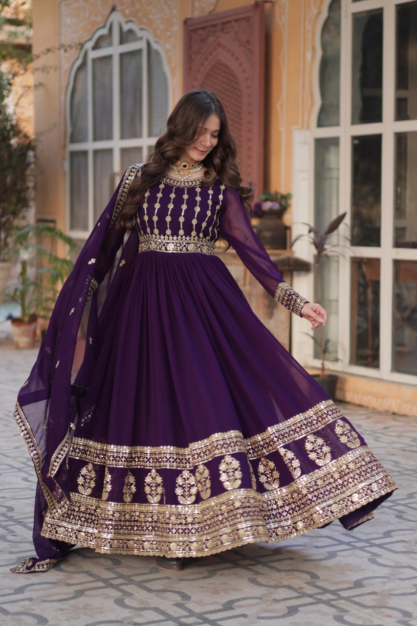 Mesmerizing Faux Georgette Embroidered Zari Sequins Gown Set - Ethnicwish