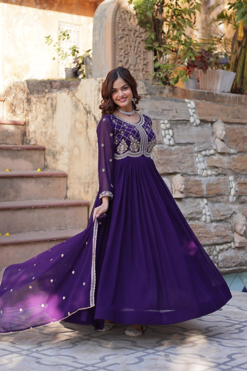 Faux Blooming Gown with Multi-Sequins & Beads Embroidery With Dupatta