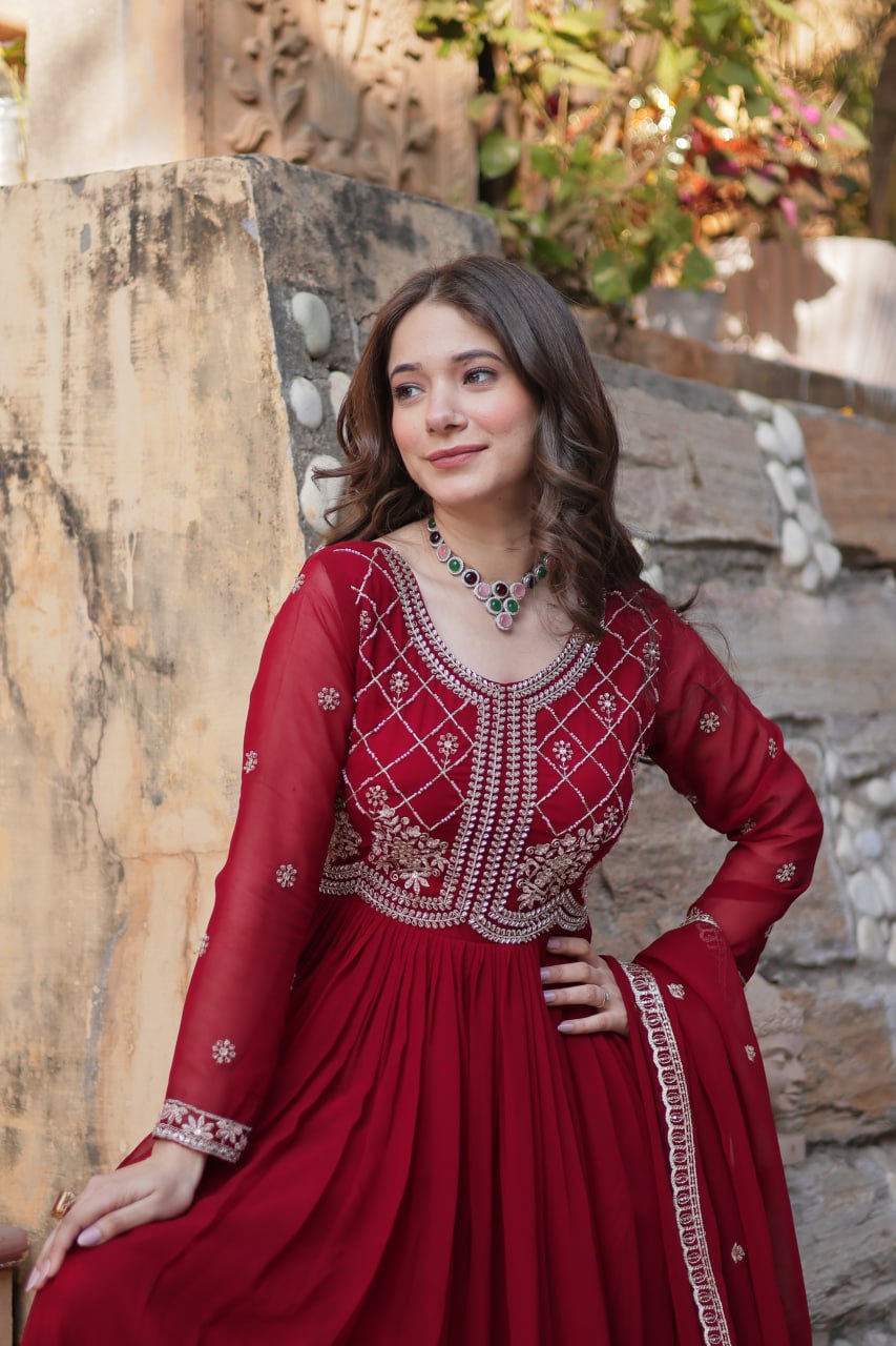 Faux Blooming Gown with Multi-Sequins & Beads Embroidery With Dupatta