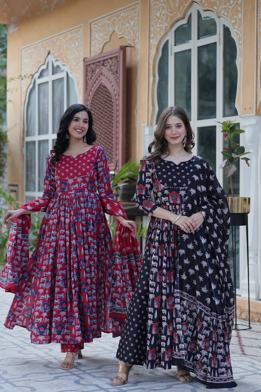 Elegant Pure Cotton Suit Set with Fancy Round Neck With Matching Dupatta