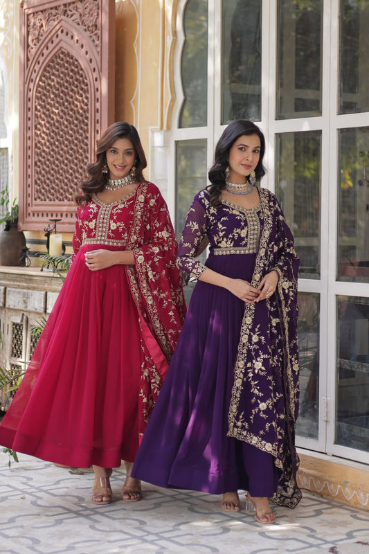 Faux Blooming Sequins & Zari Embroidered Gown With Dupatta