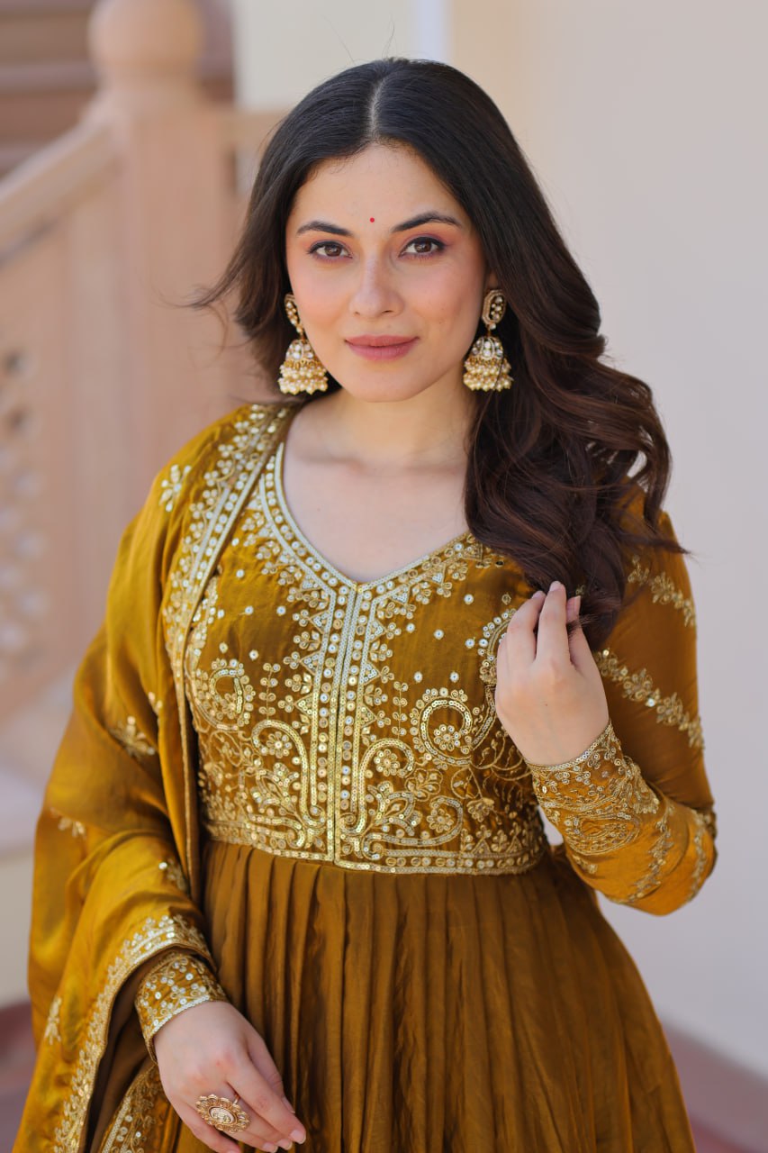 Exquisite Fendy Silk Zari Sequins Worked Gown With Dupatta