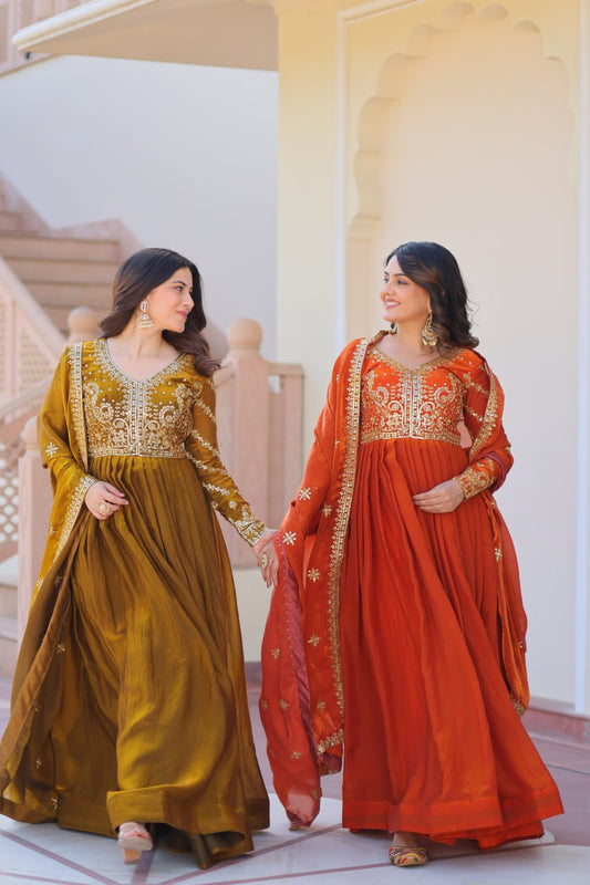 Exquisite Fendy Silk Zari Sequins Worked Gown With Dupatta