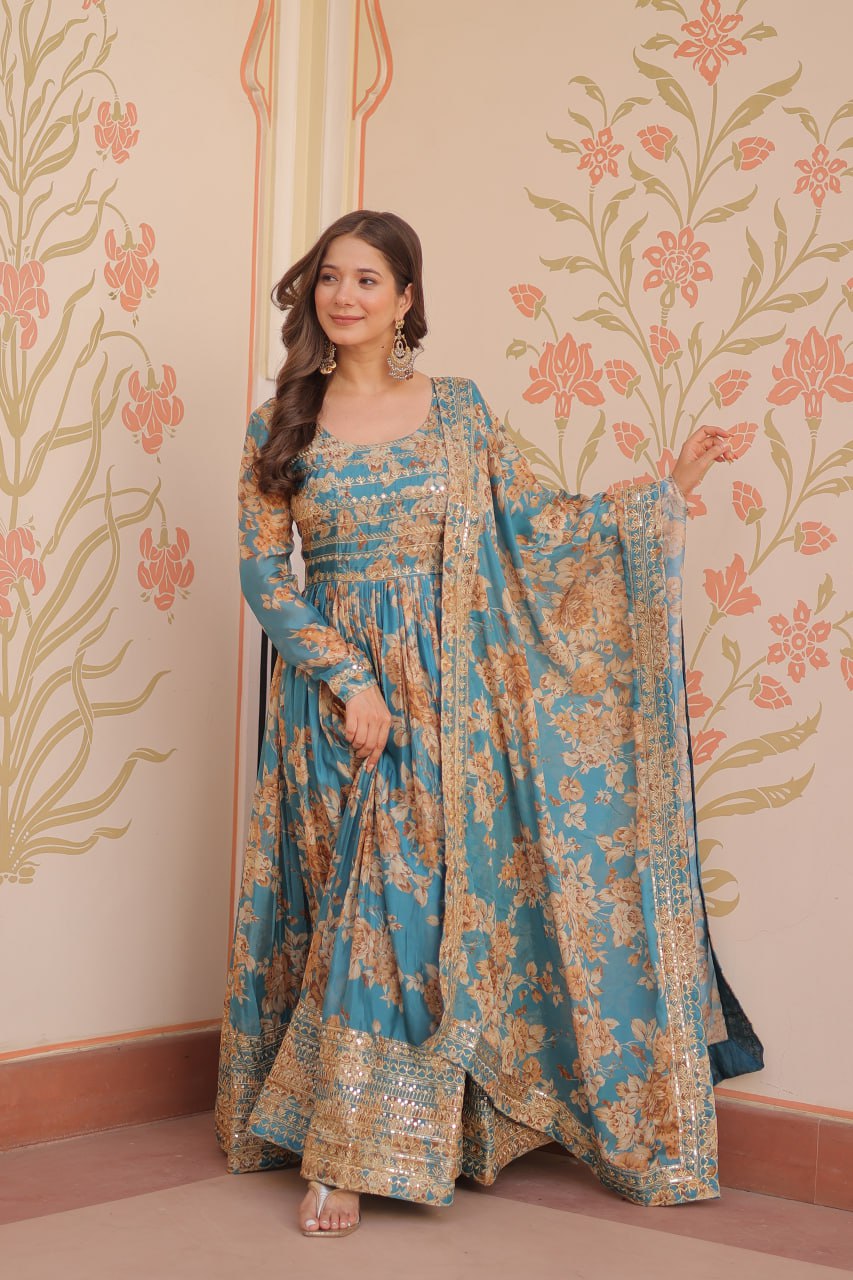 Russian Silk Digital Print Gown Set with Sequins Work – Fully Stitched & Ready to Wear