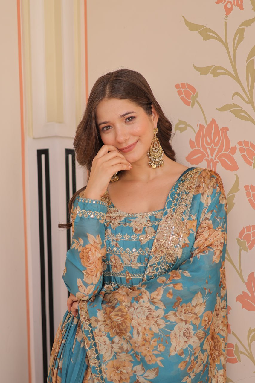 Russian Silk Digital Print Gown Set with Sequins Work – Fully Stitched & Ready to Wear