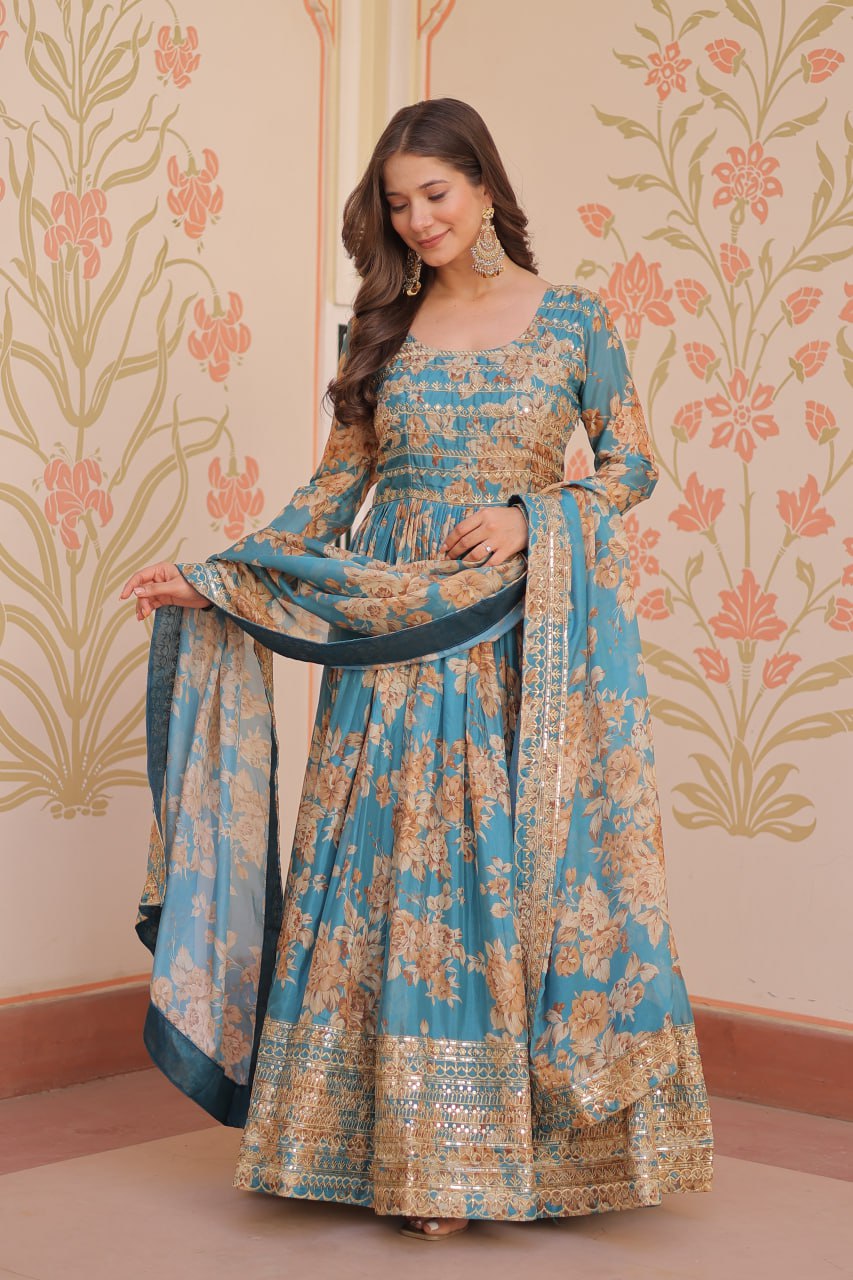 Russian Silk Digital Print Gown Set with Sequins Work – Fully Stitched & Ready to Wear