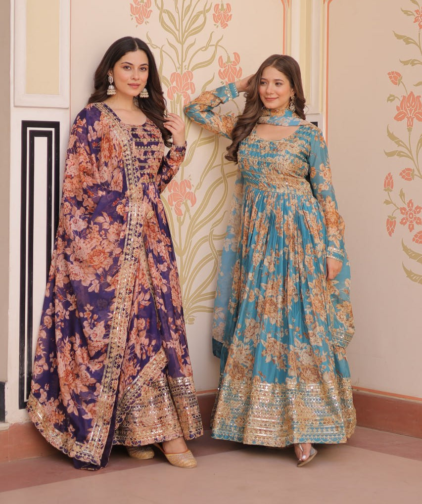 Russian Silk Digital Print Gown Set with Sequins Work – Fully Stitched & Ready to Wear