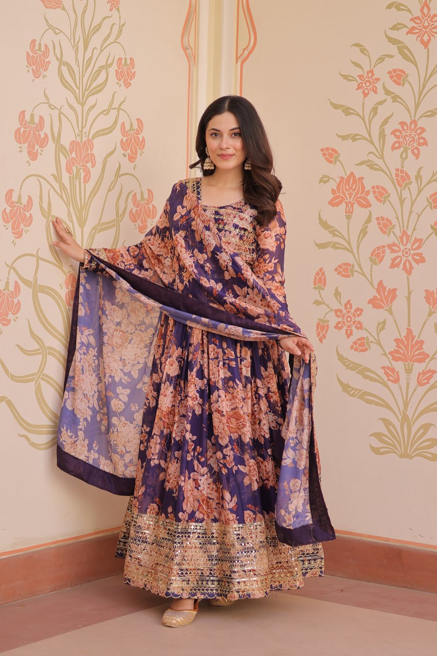 Russian Silk Digital Print Gown Set with Sequins Work – Fully Stitched & Ready to Wear