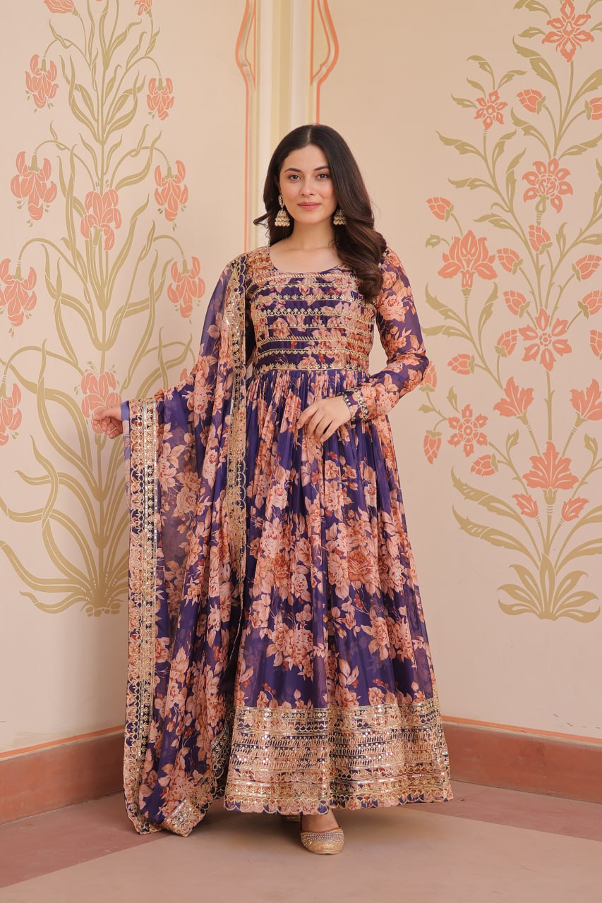 Russian Silk Digital Print Gown Set with Sequins Work – Fully Stitched & Ready to Wear