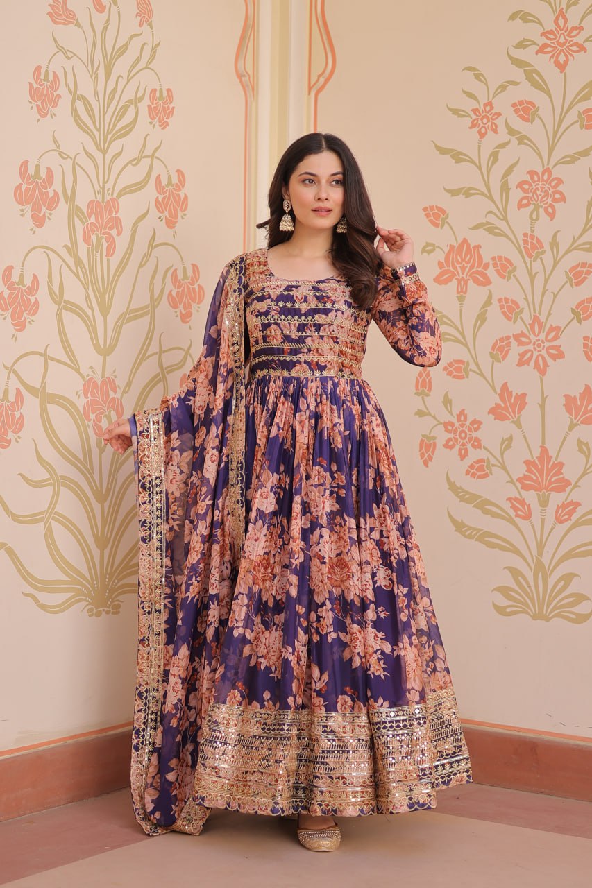 Russian Silk Digital Print Gown Set with Sequins Work – Fully Stitched & Ready to Wear