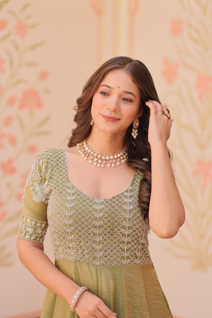 Lovely Fendy Silk Bead Embroidered Fully Stitched Gown