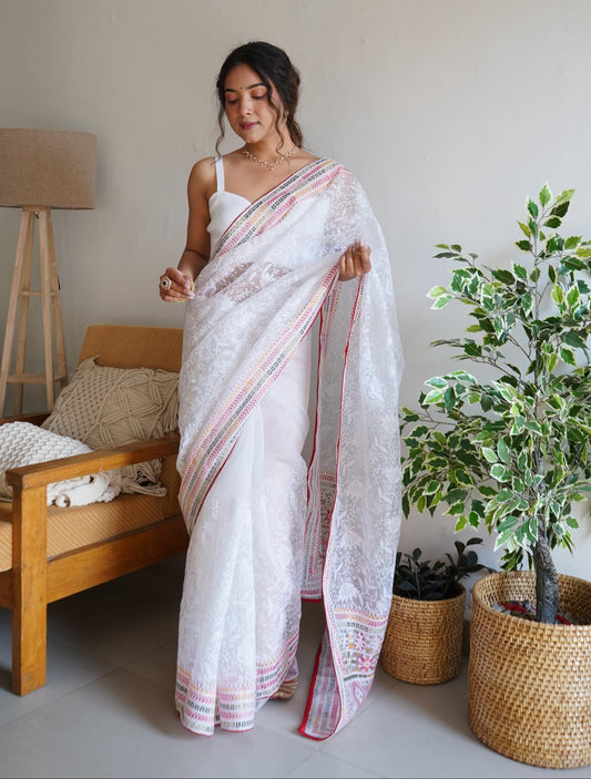 Gorgeous Organza Lucknowi Cotton Thread Embroidered Worked Saree - Ethnicwish