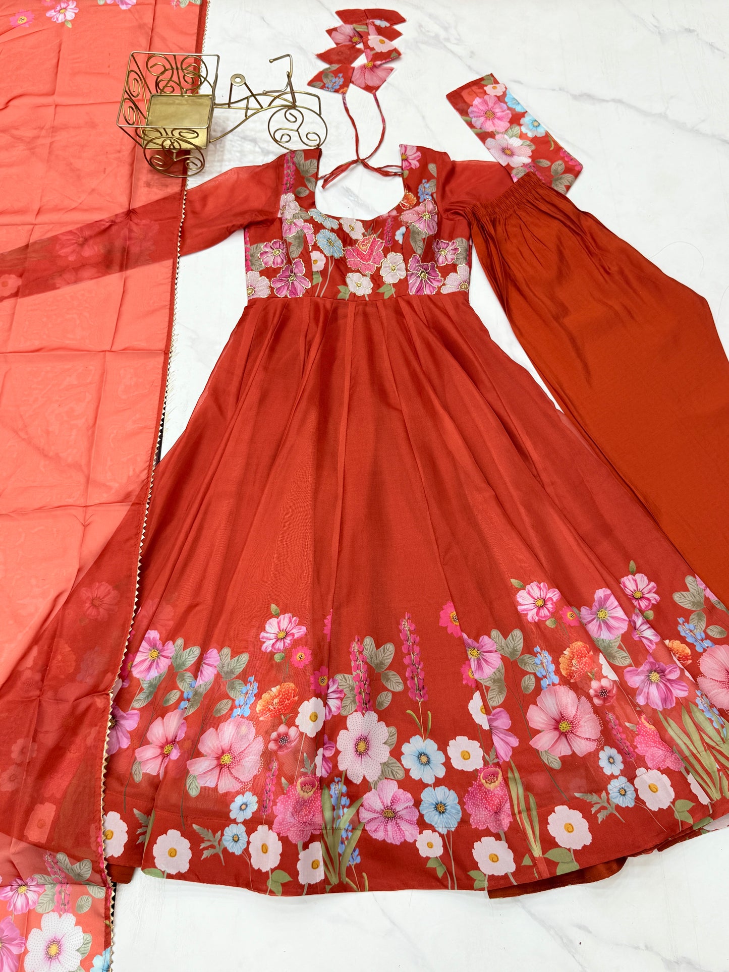 Breathtaking Organza Silk Floral Printed Designer Anarkali Pant Suit