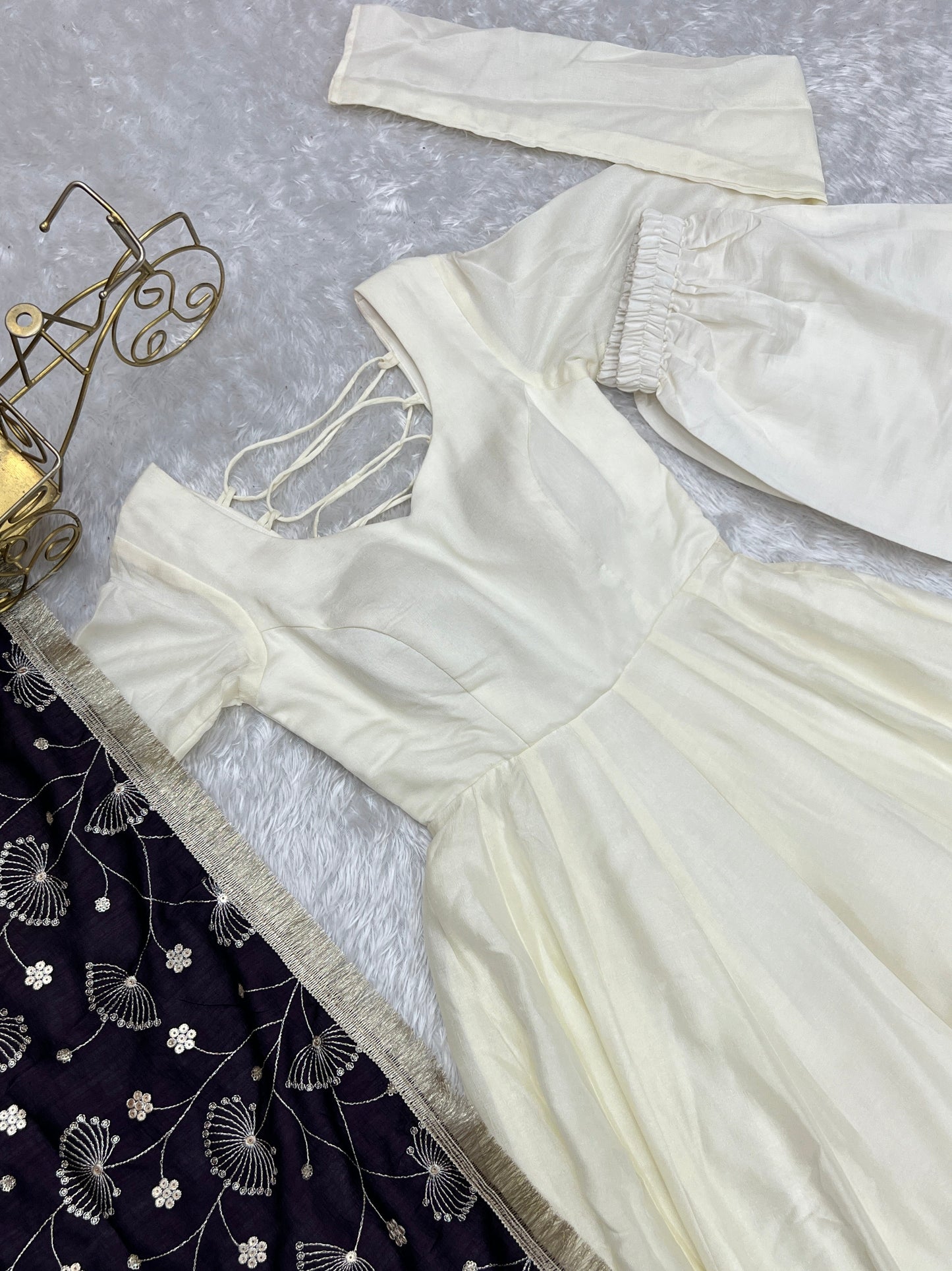 Winsome White Vichitra Silk Anarkali Pant Set With Beautiful Dupatta - Ethnicwish