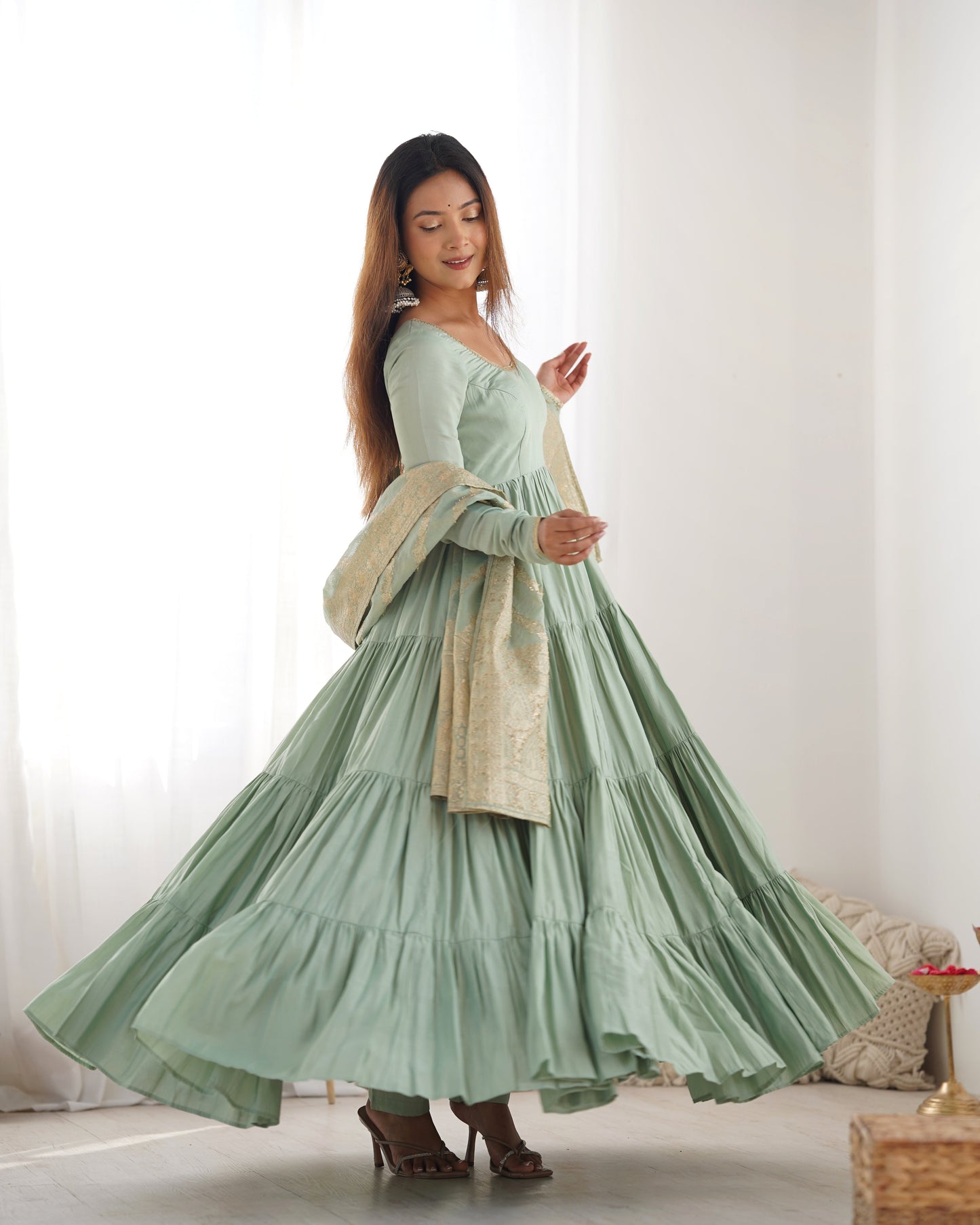 Elegant Pure Roman Silk 9 Mtr Flared Designer Anarkali Suit - Ethnicwish