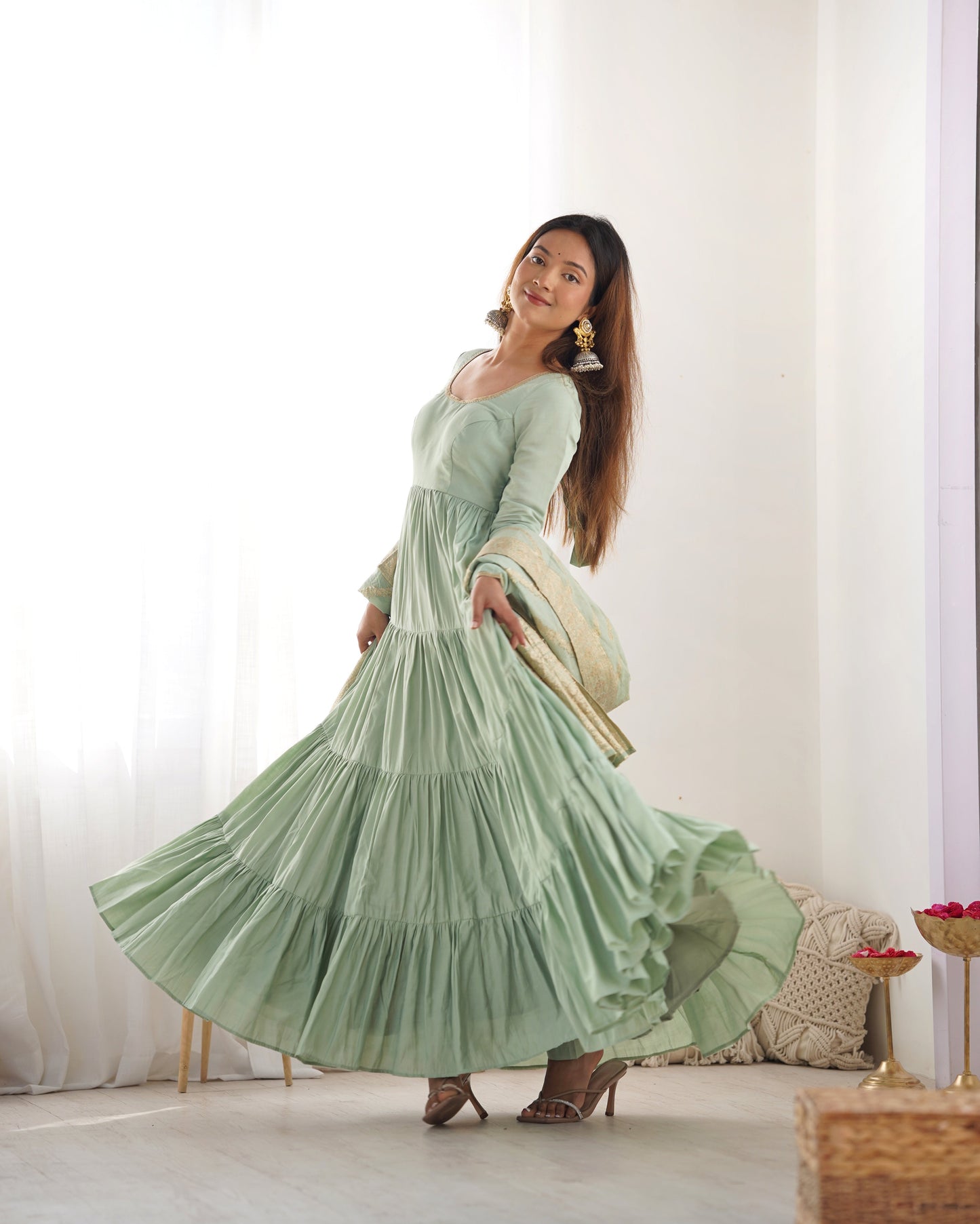 Elegant Pure Roman Silk 9 Mtr Flared Designer Anarkali Suit - Ethnicwish
