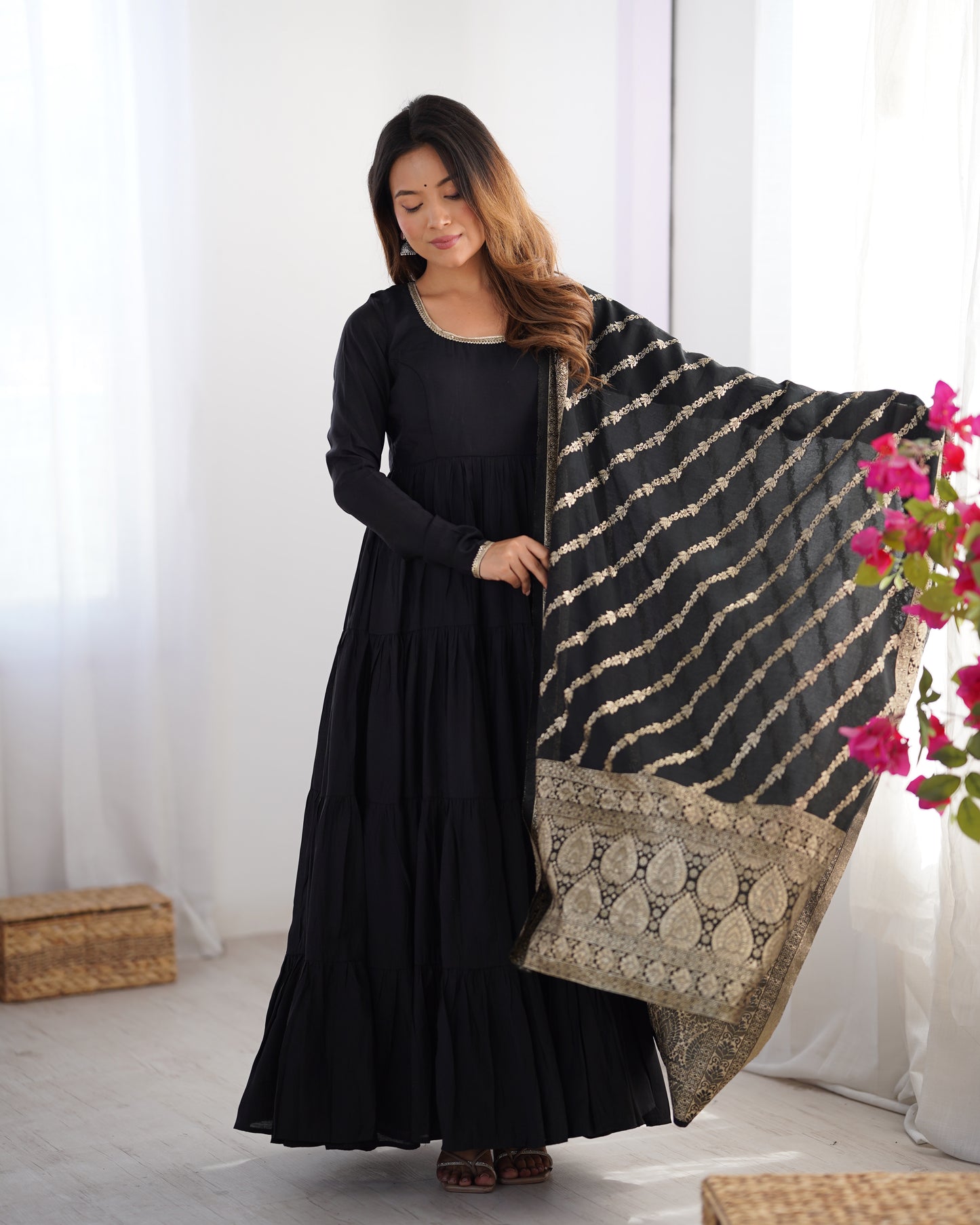 Elegant Pure Roman Silk 9 Mtr Flared Designer Anarkali Suit