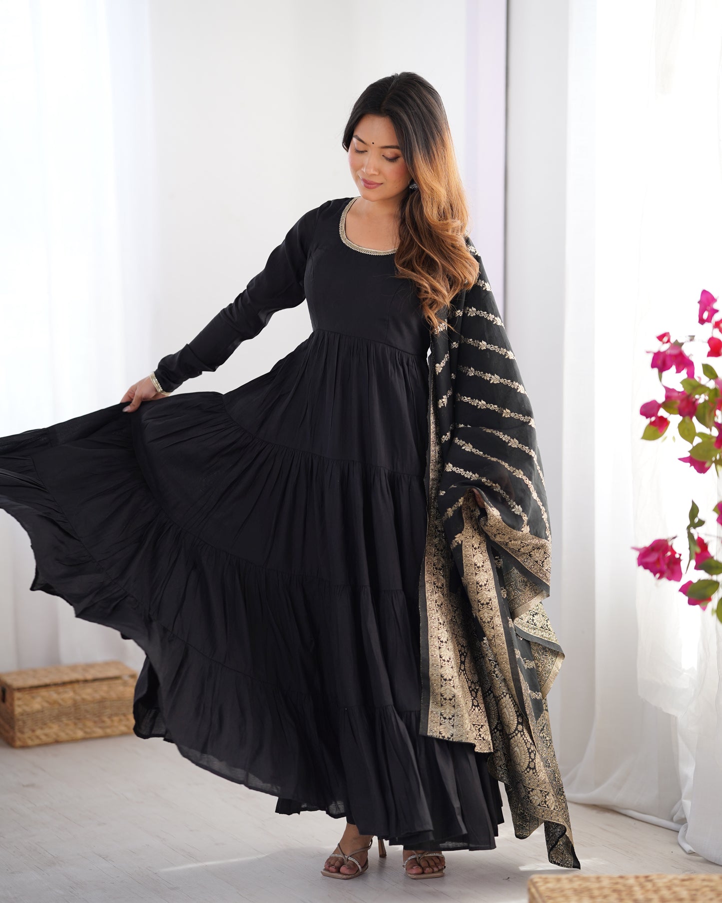 Elegant Pure Roman Silk 9 Mtr Flared Designer Anarkali Suit