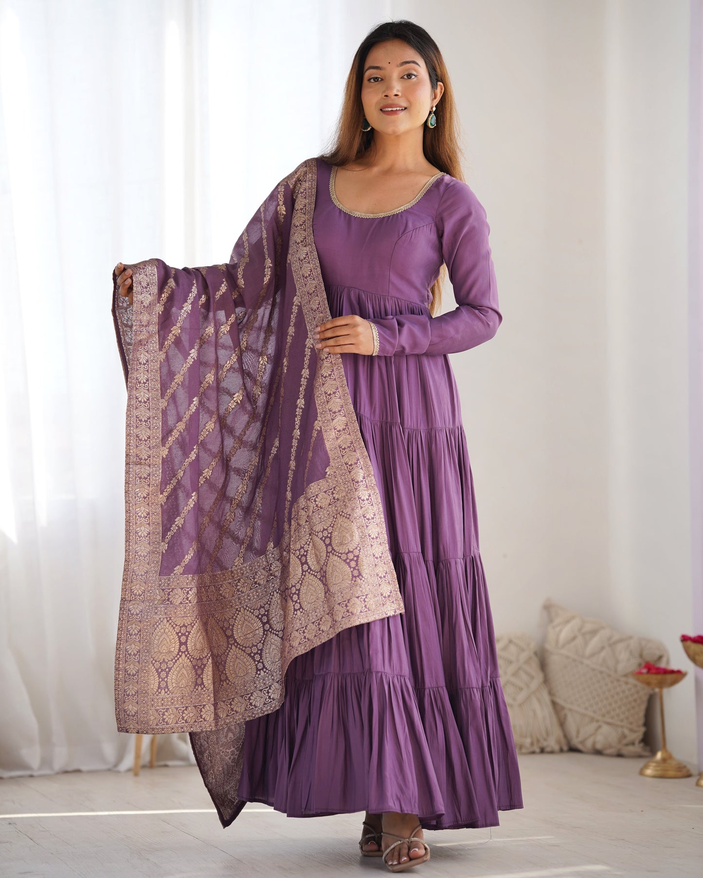 Elegant Pure Roman Silk 9 Mtr Flared Designer Anarkali Suit - Ethnicwish