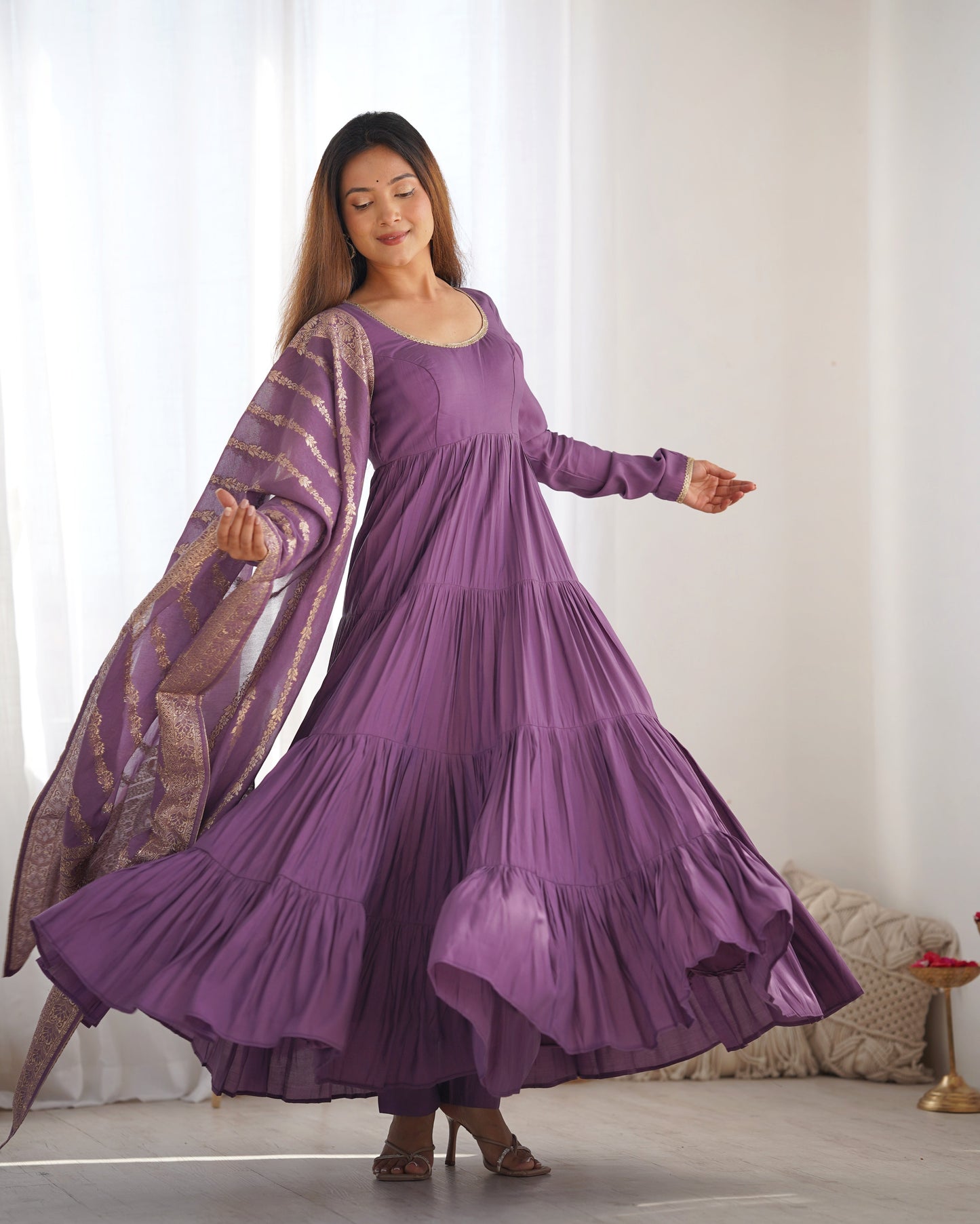 Elegant Pure Roman Silk 9 Mtr Flared Designer Anarkali Suit - Ethnicwish