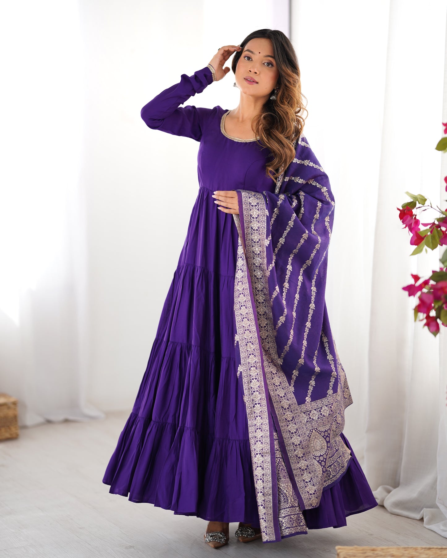 Elegant Pure Roman Silk 9 Mtr Flared Designer Anarkali Suit