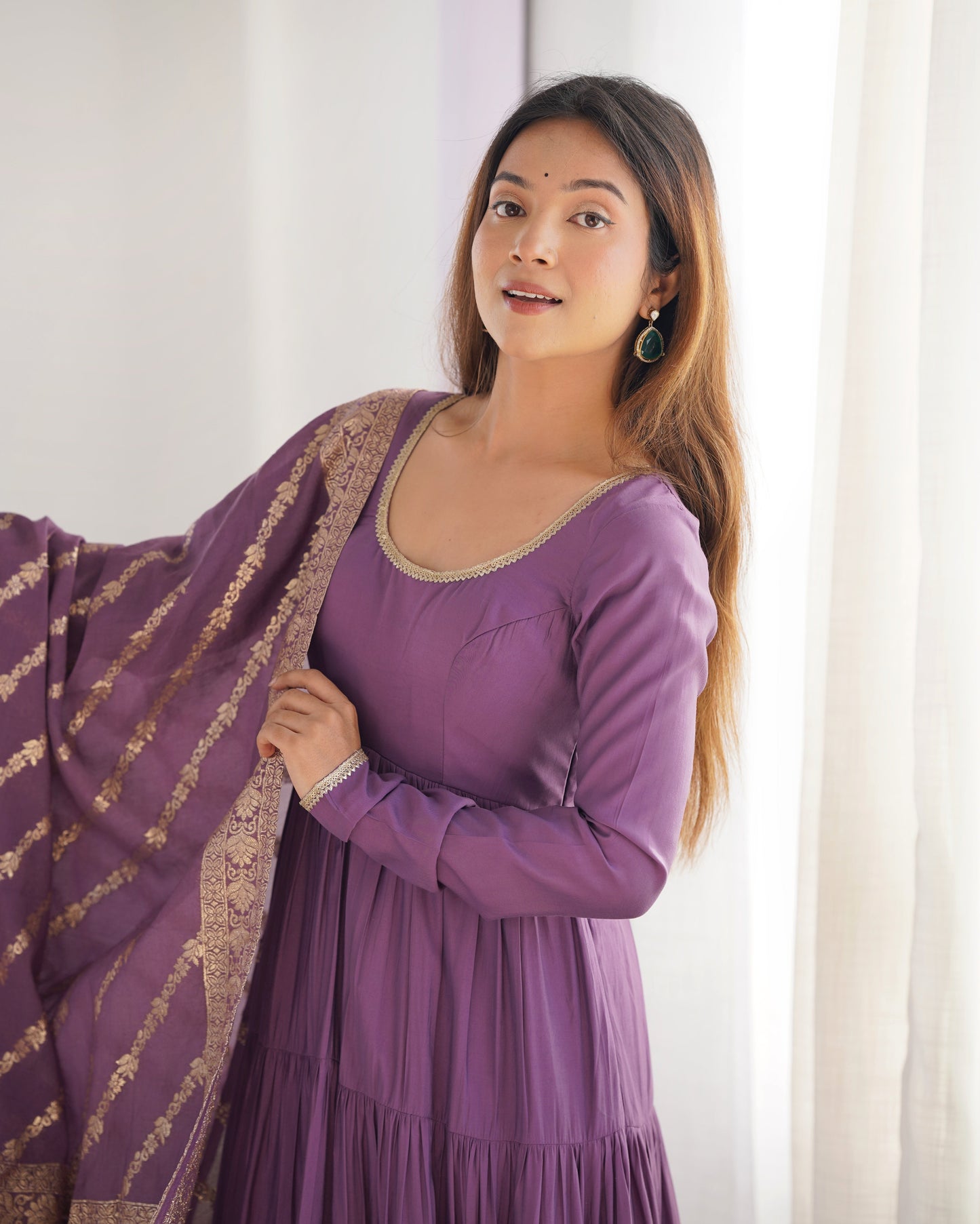 Elegant Pure Roman Silk 9 Mtr Flared Designer Anarkali Suit - Ethnicwish