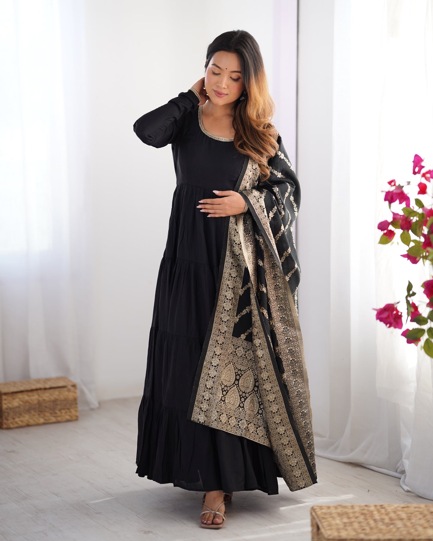 Elegant Pure Roman Silk 9 Mtr Flared Designer Anarkali Suit